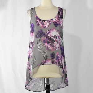 Floral Chiffon Split-Back Top w/ Skull Buttons M